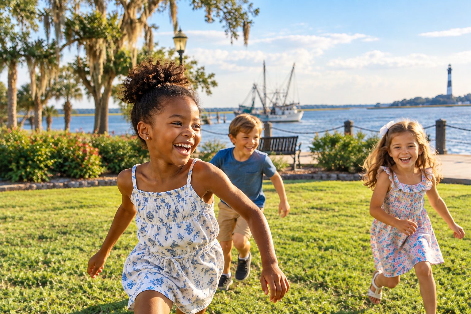 Three kids running and laughing on the grass by the Brunswick waterfront