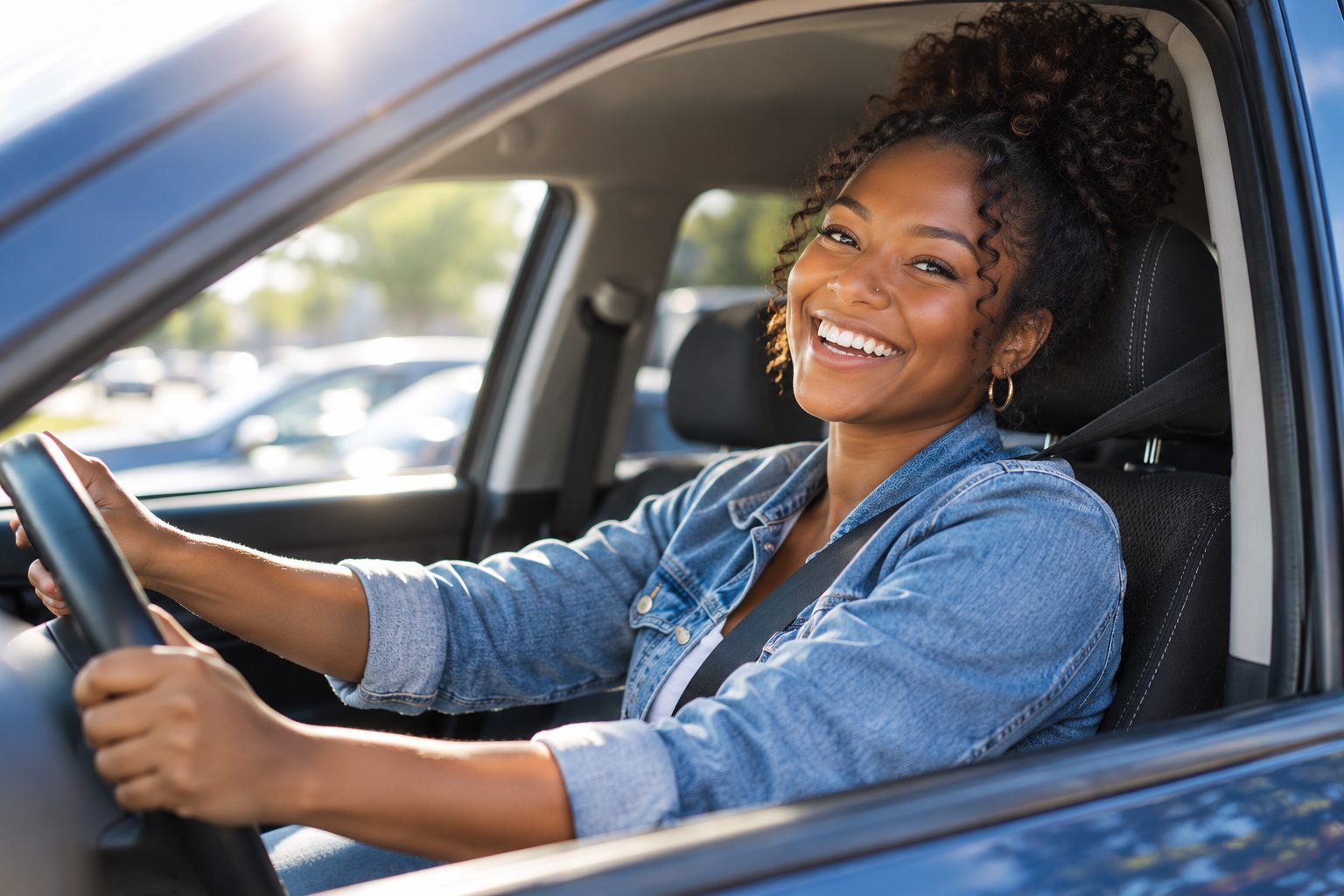 Smiling driver at the wheel of a freshly washed car on a sunny day